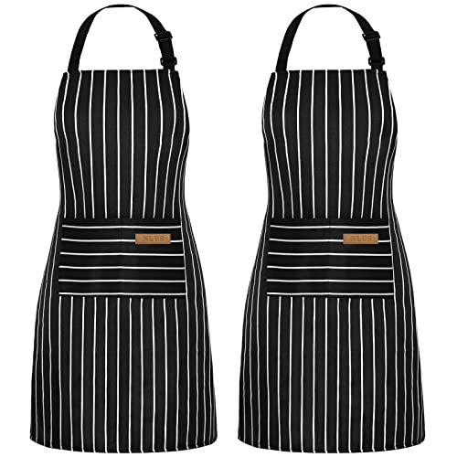 NLUS 2 Pack Cooking Aprons for Women with Pockets Adjustable Kitchen Bib Aprons for Women Men Chef, Black/White Stripe (Classic Black/White Stripes) - color: White/Black-2