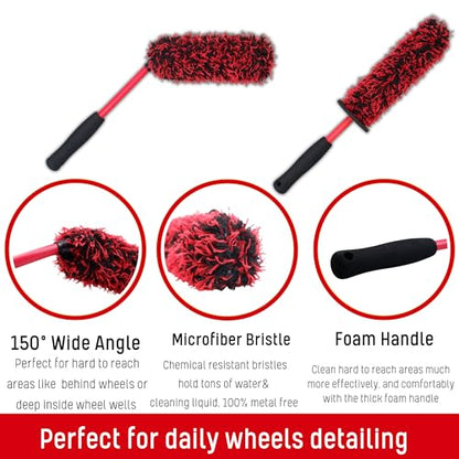 oesee Professional 4 Pack Long Handle Wheel Brush Kit for Cleaning Wheel and Tire- 2X Soft Wheel Cleaning Brush, Detailing Brush and Stiff Tire Brush, Bendable& Durable Wheel Rim Cleaner Brush Set - size: 5 Pack (Red & Black)