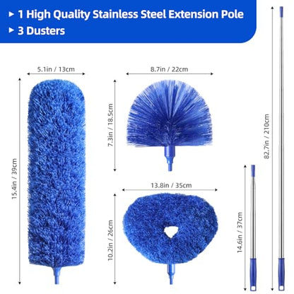 Microfiber Duster for High Ceiling Fan Blades, Cobweb with Extension Pole Adjusts 15-82 Inch, Reusable Cleaning Duster Kit with 3 Duster Heads for Wall Blinds Door Furniture Bookshelves (Blue)