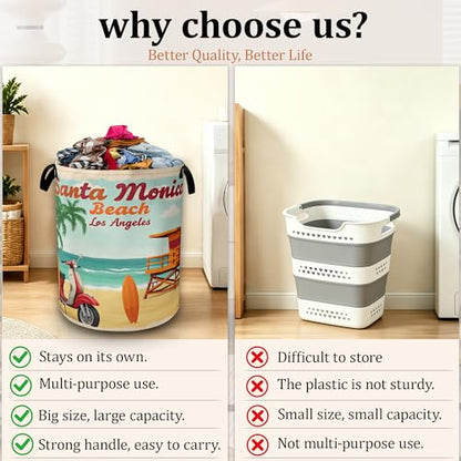 Summer Beach Laundry Basket, Foldable Laundry Hamper with Handles, Large Capacity Waterproof Clothes Storage Basket for Bedroom Bathroom College Dorm - color: Retro Summer Beach
