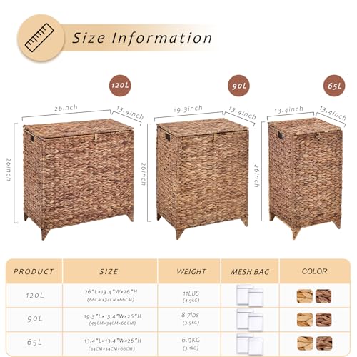 Large Laundry Hamper with Lid and 2 Removable Liner Bags, Natural Handwove Water Hyacinth Clothes Hamper,Wicker Laundry Basket, Foldable, Heightened Feet,Rattan Clothes Laundry Basket - color: Espresso, size: 120L