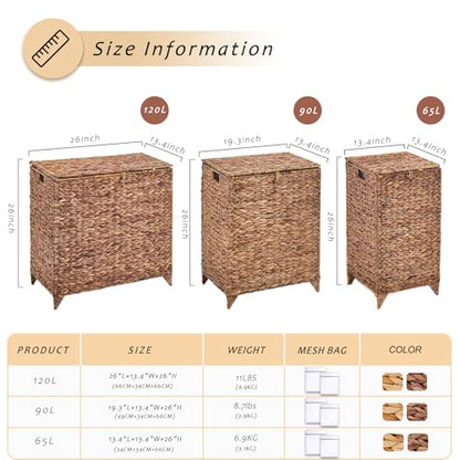 Large Laundry Hamper with Lid and 2 Removable Liner Bags, Natural Handwove Water Hyacinth Clothes Hamper,Wicker Laundry Basket, Foldable, Heightened Feet,Rattan Clothes Laundry Basket - color: Espresso, size: 120L