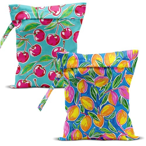 Swimsuit Bag Wet Bags for Travel Reusable Waterproof Dry Bags Diaper Bag Lemon Peach Cherry Wet Bag for Swimsuit Towels Beach Gym 10.2×12.6 Inches - color: Lemon Peach Cherry