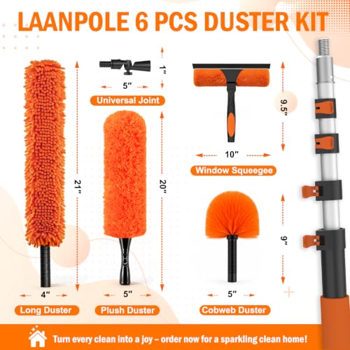 LAANPOLE 36FT High Reach Duster Cleaning Kit with Extension Pole, High Ceiling Fan Cleaner Duster Tool for Fan Blades, Window Washing Kit with Microfiber Feather Duster & Window Squeegee - size: 30FT
