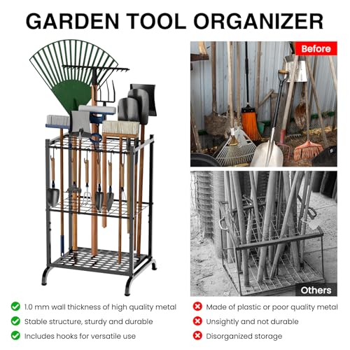 RANXFLOAT Garden Tool Organizer with Storage Hooks, Yard Tool Tower Rack for Garage Organization and Storage, Up to 35 Long-Handled Tools, Metal Tool Holder with 6 Hooks, Black