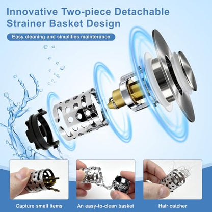 Upgraded 3 in 1 Bathroom Sink Drain Strainer, Universal Pop Up Stopper with Removable Stainless Steel Filter Basket Hair Catcher, Sink Plug for 1.1''~2.36'' Basin, Brushed Nickel Finish (1PC) - style: Brushed Nickel Finish (1PCS)