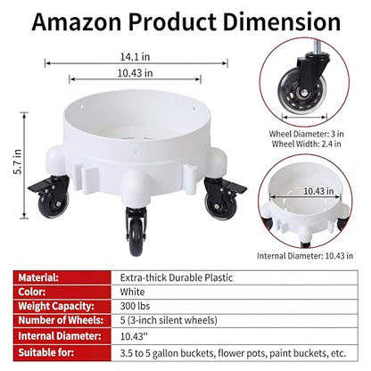 5 Gallon Bucket Dolly, 11in,3 Inch Silent Casters - color: White
