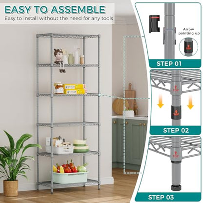 SINGAYE 6 Metal Shelves Wire Shelving Storage Shelf Adjustable Unit Pantry - color: Grey, size: 6 Tier 14"Dx24"Wx72"H