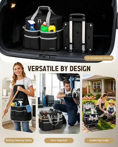 Ytonet Rolling Cleaning Caddy Bag with Apron, Cleaning Caddy with 4 Wheels - color: Black