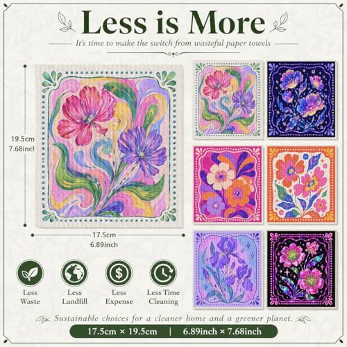 Shwing Swedish Dishcloths for Kitchen 6 Pack Neon Floral Flower Pattern Reusable Paper Towels Kitchen Towels Dish Cloths for Washing Dishes Washable Quick Drying Super Absorbent Cleaning Cloths - color: Floral Flower
