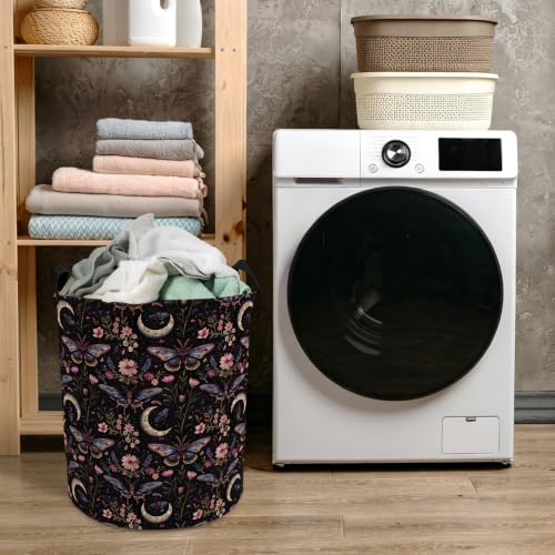 Moody Gothic Moth Floral Laundry Basket with Handles, Dark Academia Witchy Flower Butterfly Collapsible Waterproof Laundry Hamper Clothes Storage Basket for Bedroom Bathroom Home - color: style 01