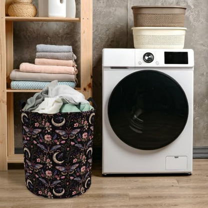 Moody Gothic Moth Floral Laundry Basket with Handles, Dark Academia Witchy Flower Butterfly Collapsible Waterproof Laundry Hamper Clothes Storage Basket for Bedroom Bathroom Home - color: style 01