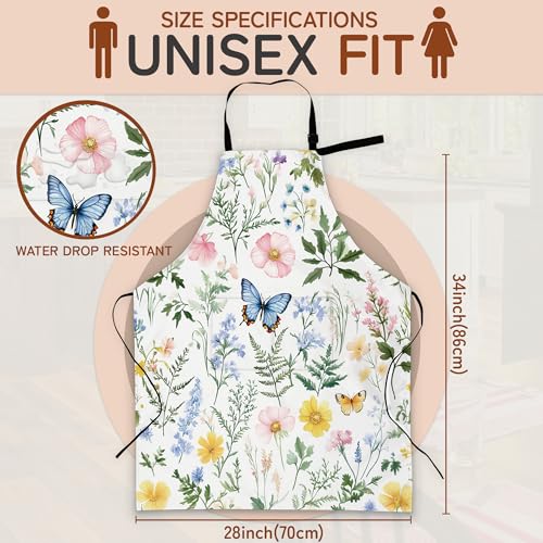 Cooking Aprons for Men and Women,Adjustable Bib Chef Apron with 2 Pockets, Soft and Durability Kitchen Apron - color: Wildflowers Vintage Plants Herb Flower Butterfly