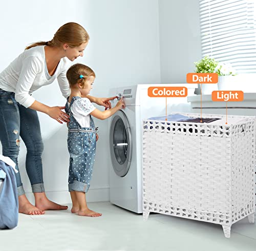 Laundry Hamper with 3 Removable Liner Bags, 132L Laundry Sorter with Lid - color: White, size: 132L-3 Section