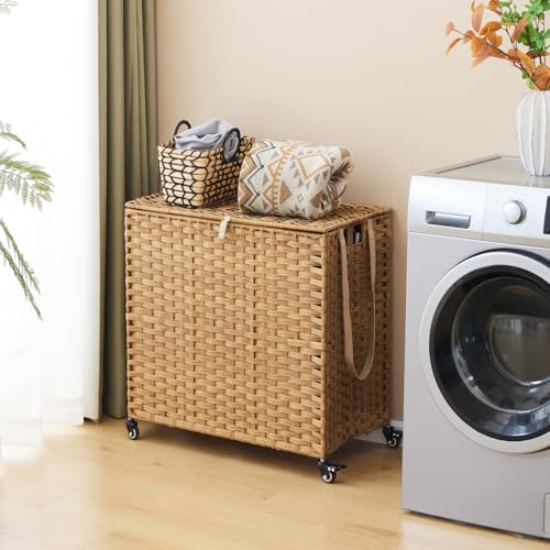 Laundry Hamper with Wheels, 39.6 Gallon(150L) Rolling Laundry Basket with Lid, 3-Section Rattan Clothes Hamper with 3 Removable Liner & 3 Mesh Bags, Laundry Sorter with Side Pocket, Natural - color: Natural, size: 150L（23.62 x 15.75 x 25.6 Inches）