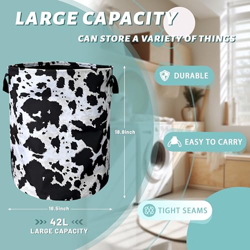 Black White Cows Print Laundry Basket Oxford Cloth Hamper 18.9x16.5Inch - color: Vintage Black White Cows Pattern