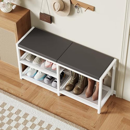 ZHOOGE Shoe Bench & Rack Storage Bench with Seat Cushion, Stable Entryway Bench Holds Up to 300 lb, (35" L x 12" W x 17" H, White) - color: White, size: 35"L x 12"W x 17"H