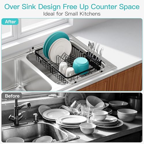 JASIWAY Black Dish Drying Rack Over the Sink with Utensil Holder - color: Black, size: For 12.5"-30"w Sink, Expandable
