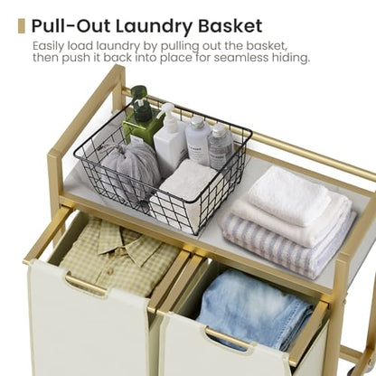 SwaaVee Laundry Sorter, Laundry Hamper with Wooden Top Shelf, 2×14.5Gal(110L), Metal Frame laundry basket with wheels, Pull out and Removable Laundry Bags, 2 Bags-Golden - color: Gold