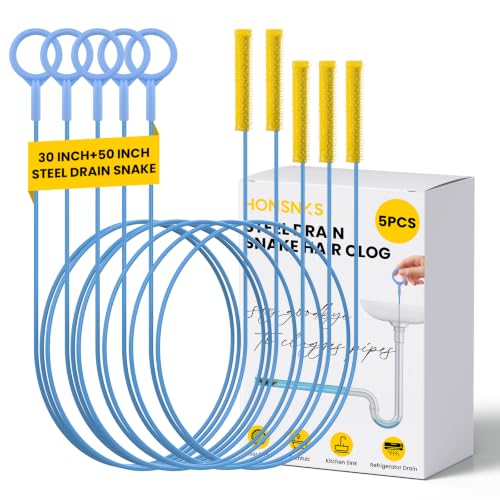 5 Pack 50 Inch & 30 Inch Drain Snake Hair Clog Remover Blue