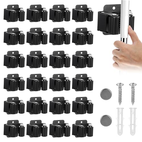 24 Pack Broom and Mop Holder Wall Mount, Hanging Clamp Clip Hanger Utility Rack, Heavy Duty Stainless Steel Adjustable Clamp Organizer with Screws for Garage, Home, Garden Tools, Black