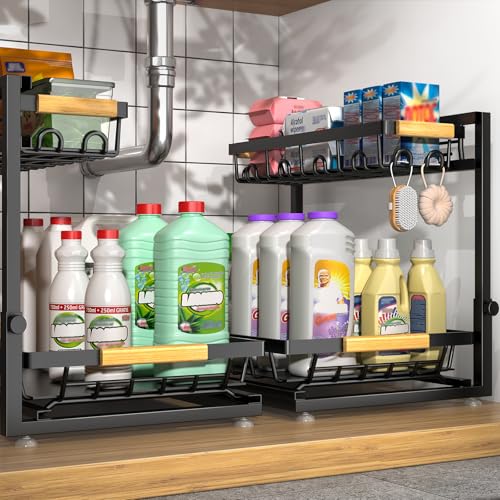 Sevenblue 2-Pack 2-Tier Height Adjustable Under Sink Organizer & Storage - color: Black, size: Extra Large