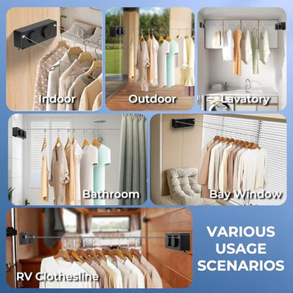 Retractable Clothesline Indoor Outside Heavy-Duty, Upgrade 304 Double Stainless Steel Shower Room Clothes line, Fit Rv Balcony Courtyards Indoor Drying Rack Clothesline, 13.8ft - style: black