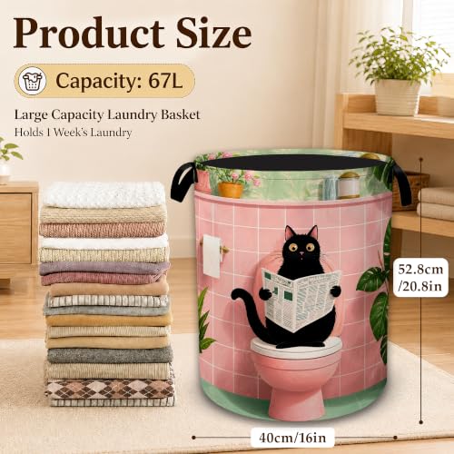 Reading Cat Bathroom Decorative Laundry Hamper, Tall Foldable Oxford Clothes Basket with Handles, Lightweight Dirty Clothes Holder for Bedroom Bathroom Laundry Room - color: Reading Cat Bathroom