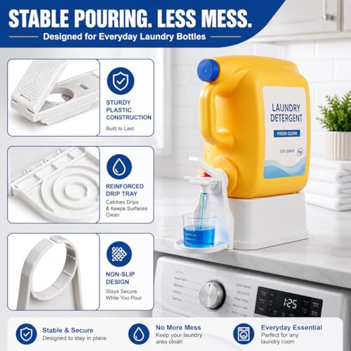 2 Pack Laundry Detergent Dispenser Cup Holder, No-Drip Laundry Detergent Cup Holders and Drip Trays with Easy Press Nozzle Switches, Liquid Detergent Holder for Laundry Room Organization - color: 2 Pack White