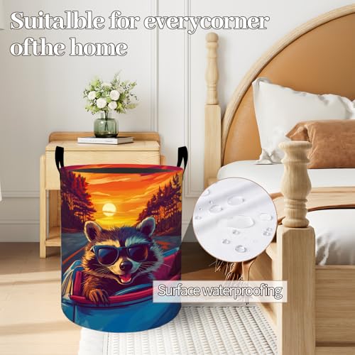 Cool Raccoon Sunset Drive Laundry Basket 19.7"x15.7", Collapsible Dirty Clothes Waterproof Cute Animal Laundry Hamper Organizer Toy Storage Bin for Dorm Nursery Bathroom Decor - style: Raccoon07