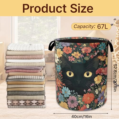 Laundry Hamper Foldable with Handles,Black Cat Oxford Cloth Laundry Basket,Colorful Flower Storage Organizer for Bathroom Bedroom Dorm 16"x20.8" - color: Black Cat,Colorful Flower