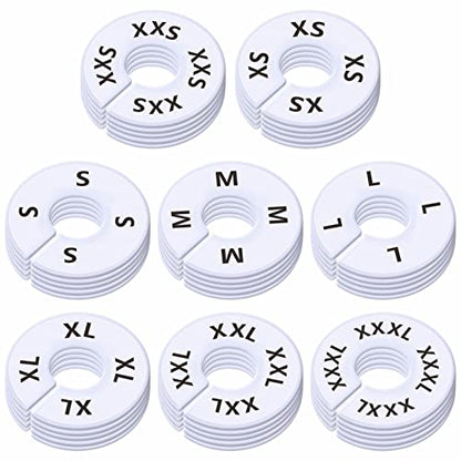 40 Pack Round White Plastic Clothing Size Closet Rack Dividers Hangers, Preprinted in 8 Sizes XXS, XS, S, M, L, XL, XXL, XXXL (Outer 3.5”, Inner Diameter 1.38”) - color: 40 Pack/White-printed