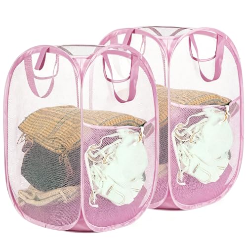 HOUSE AGAIN 2Pack Strong Mesh Pop Up Laundry Hamper, 70L Collapsible Laundry Basket with Steel Frame, Double‑Stitched Handles & Side Pocket, Foldable Dirty Clothes Hamper for Dorm, Bedroom, Light Pink - color: Light Pink, size: 2-Pack