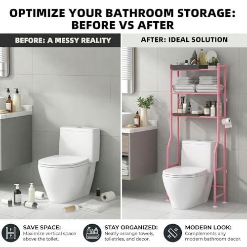 GloTika 3-Tier Over Toilet Storage, Anti-Tilt, 64" H, Pink - color: Pink, size: 3-Tier