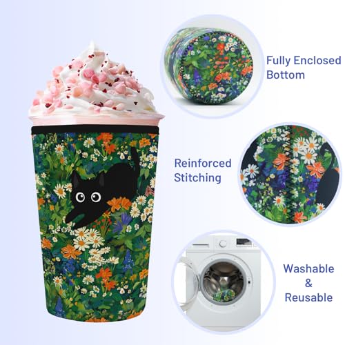 Iced Coffee Sleeve Reusable Neoprene Cup Sleeves, Cat Garden - color: Cat Garden