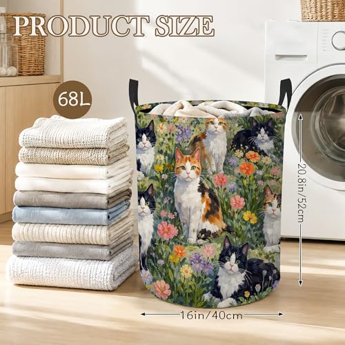 Cute Cat Laundry Hamper, Flower Meadow Laundry Baskets, Waterproof Oxford Cloth for Room/Bathroom/Bedroom/Dormitories 16x20.8 Inch - color: Cute Cat