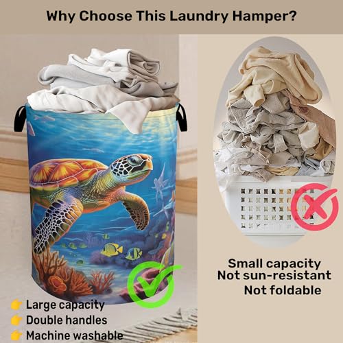 Sea Turtle Large Clothes Hamper Bag - Laundry Basket with Handles, Space Saving Foldable Design for Nursery - color: Sea Turtle