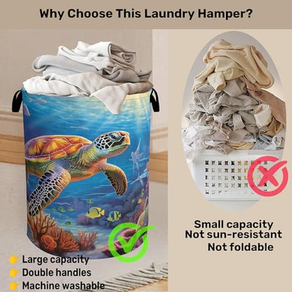 Sea Turtle Large Clothes Hamper Bag - Laundry Basket with Handles, Space Saving Foldable Design for Nursery - color: Sea Turtle
