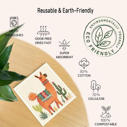 Swedish Dishcloths 6 Pack, Reusable Paper Towels Super Absorbent and Quick Drying for Kitchen, Biodegradable Washable Dish Towels Dishwasher Safe, Eco-Friendly Cleaning Cloths with Watercolor (Llama) - color: Llama Theme
