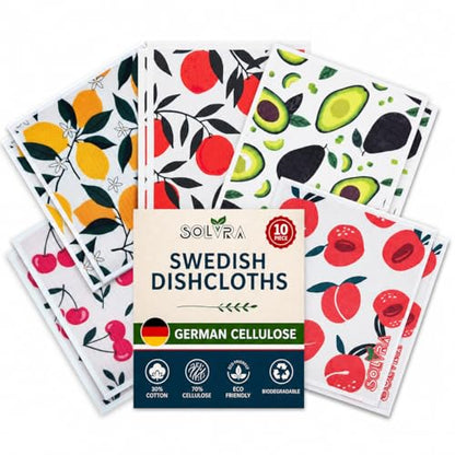 10 Pcs Fruits Print Swedish Dishcloths for Kitchen, German Cellulose - color: 10 Pcs- Fruits Print