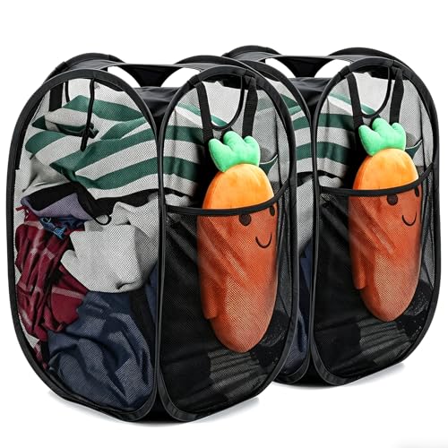 HOUSE AGAIN 2 Pack Strong Mesh Pop Up Laundry Hamper, 70L Collapsible Laundry Basket with Steel Frame, Double‑Stitched Handles & Side Pocket, Foldable Dirty Clothes Hamper for Dorm, Bedroom, Black - color: Black, size: 2-Pack