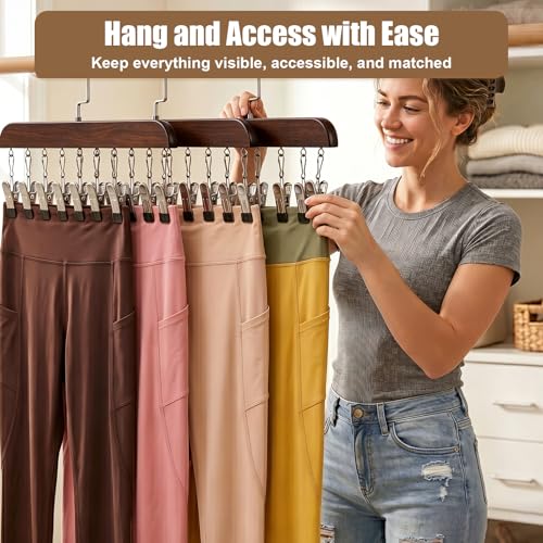 Legging Hangers for Closet Organizer - Pants Hangers with Clips Holds 20 Leggings - 360° Rotating Space Saving Non-Slip Legging Organizer for Closet Hanging Jeans, Shorts, Socks Brown 2 Pack
