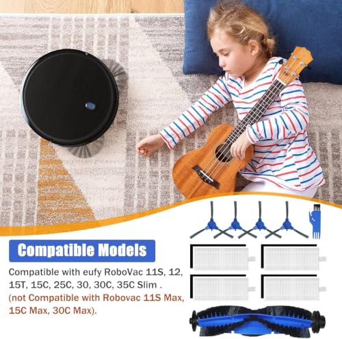 Replacement Parts for Eufy Robovac 11S, 12, 15T, 15C, 25C, 30, 30C, 35C Slim Carpet Robotic Vacuum Cleaner, 4 Side Brushes, 4 Filters, 1 Roller Brush and Clean Tools Accessories Kit 10 Pack - style: Sets 11S