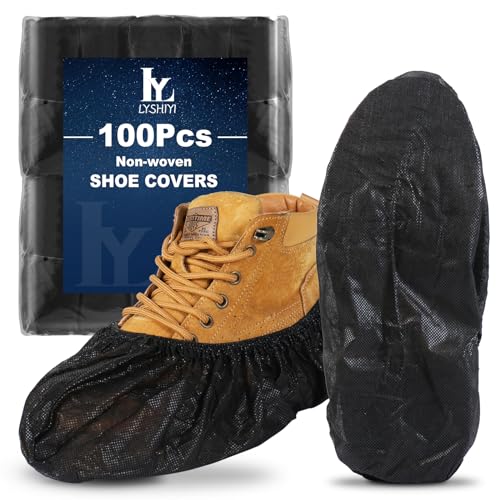 LYSHIYI 100Pcs Shoe Covers Disposable Non Slip, Large Size Non-Woven Boot Covers, Breathable and Durable, Fits US Men 6-14 Size, Reusable Slip-Resistant Booties for Indoors (Black) - size: 100pcs Non-woven