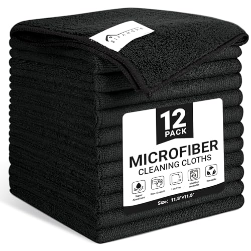 SIFANGKE Microfiber Cleaning Cloth, 12 Pack Lint-Free and Highly Absorbent Rags, Black Reusable Microfiber Towels for Car, Kitchen, Bathroom and Household Cleaning Supplies, 11.8"X11.8" - color: F.black, size: 1 Count (Pack of 12)