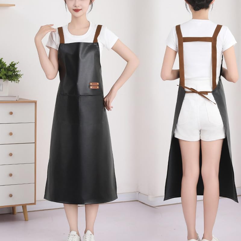Waterproof Apron Large Pocket PU Material Waterproof Oil-proof Dust-proof Apron Black and Red - color: Brown（long）