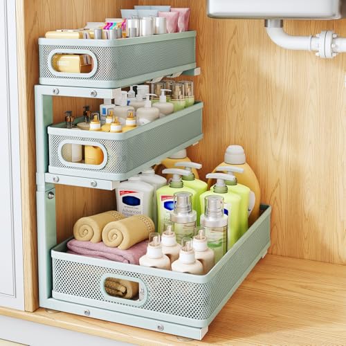 Under Sink Organizer, 3-Tier Thickened Metal Pull out Cabinet Organizer Shelf, Height Adjustable Slide out Storage Drawer Rack for Kitchen Bathroom Pantry Laundry Home, 1-Pack, LightBlue - color: LightBlue, size: 1-Pack