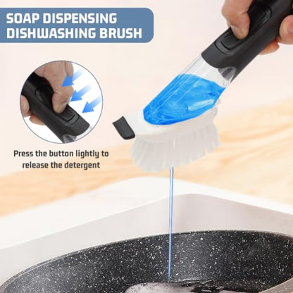Soap Dispensing Dish Brush, Cleaning Scrubber with Soap Dispenser, Kitchen Brush for Pot Pan Sink Cleaning for Dishes, Pans, Sink, Pots