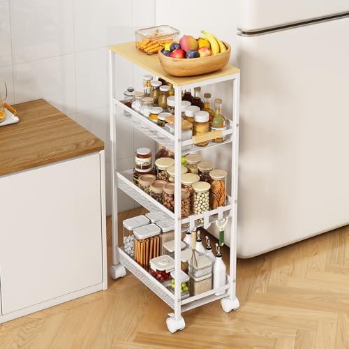 4-Tier Slim Utility Rolling Laundry Cart with Wheels, Easy to Assemble - color: White, size: 9.1''