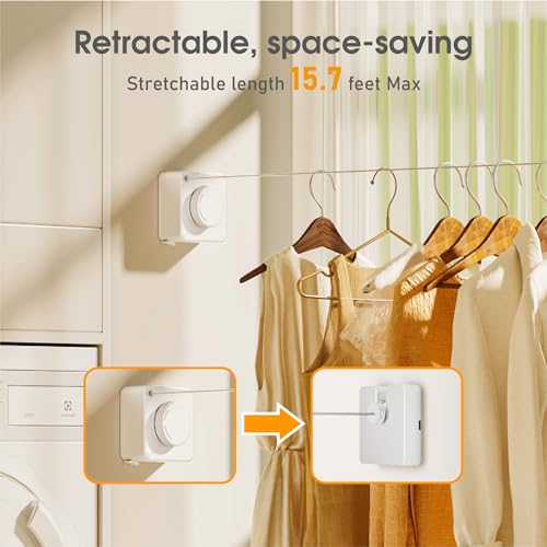 Retractable Heavy Duty Clothesline - Wall Mounted Indoor and Outdoor Laundry Drying Solution, 15.7ft Anti-Sagging Stainless Steel Rope (White) - color: White
